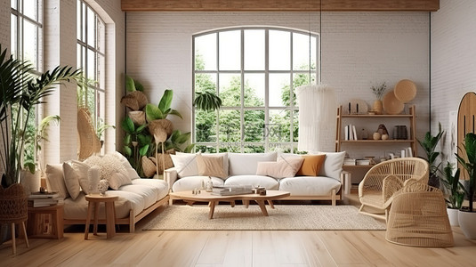 藤背景图片_斯堪的纳维亚风格客厅室内设计中波西米亚风格家具的 3D 渲染插图