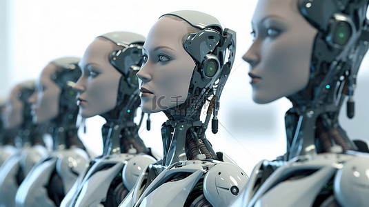 由女性机器人或机器人组成的未来女性机器组与 3D 渲染保持一致