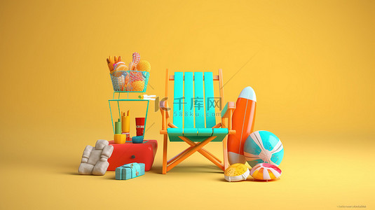 色彩缤纷的夏日海滩元素的 3D 渲染，配有适合季节的沙滩椅