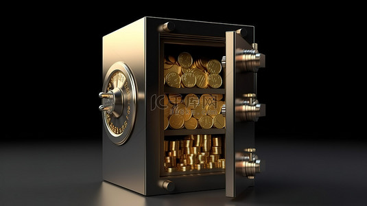 3D 渲染一个装满硬币并锁紧的保险箱