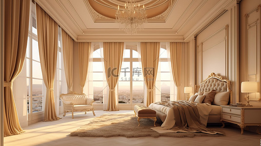 优雅的米色卧室设计，配有宽敞的窗户古典窗帘和时尚的吸顶灯 3D 渲染