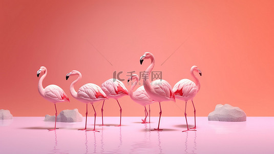 火烈鸟香椿背景图片_3d 渲染的粉红色火烈鸟站在粉红色的背景上