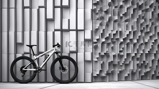 一辆黑白山地自行车在带有外板墙的工业建筑前的极端特写 3D 渲染