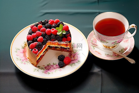 一杯茶和一片浆果蛋糕