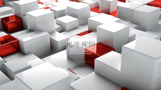 刺眼灯光下白色立方体和红宝石红色几何形状的抽象 3D 渲染