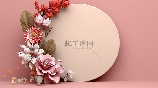背景卡背景图片_圆形花框的 3D 渲染，具有充满活力的植物和花卉，用于贺卡和邀请卡