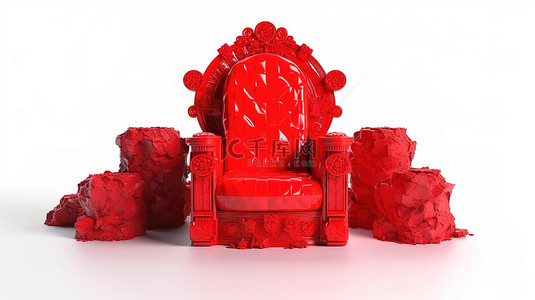 白色背景孤立的红色国王宝座与比特币硬币在 3d 渲染