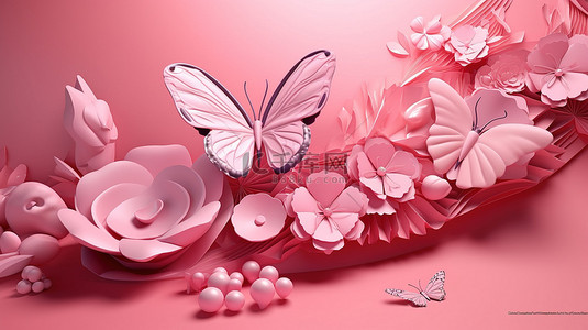 复古玫瑰背景背景图片_3d 渲染中的花朵和蝴蝶点缀粉色抽象背景