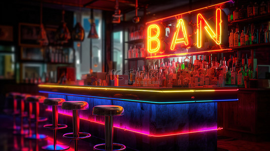 霓虹灯设计背景图片_3d 渲染的霓虹灯字母表用于创建酒吧标志
