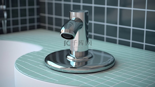 引人注目的 3D 插图中的现代金属浴室龙头