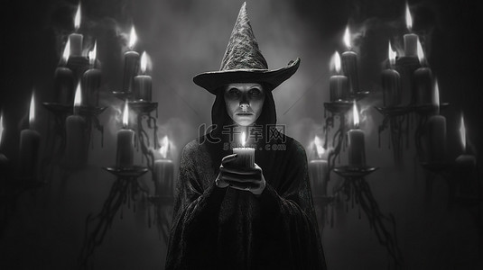 黑暗女巫握着蜡烛，具有黑白 3D 故障 VR 效果