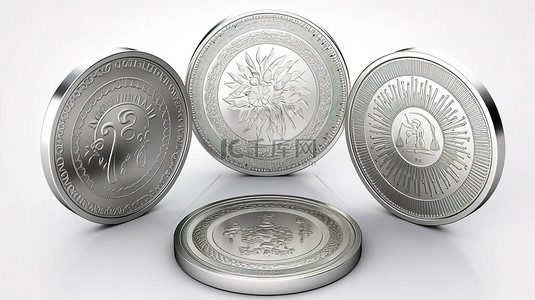 白色货币符号背景图片_3d 印度卢比硬币圆形银设计五个角度隔离在白色背景与货币符号和渲染图像