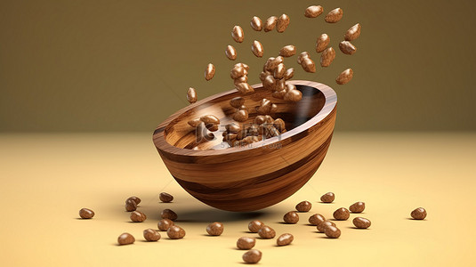 巧克力片层叠到木碗中的 3D 插图