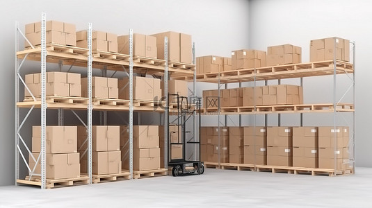 仓库货架上的纸板箱在白色背景下的 3D 渲染