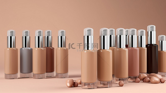 化妆品膏霜瓶背景图片_彩色背景上独立化妆粉底瓶和样品色调的 3D 插图