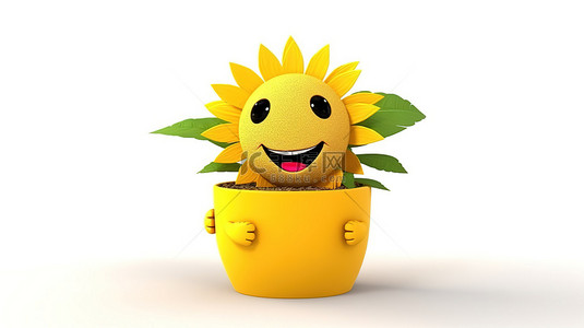 动画 3D 向日葵角色，采用快乐的黄色色调，盆栽并隔离在白色背景上