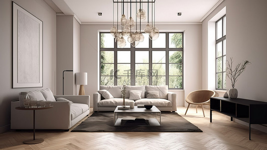 用 3d 渲染的沙发沙发和桌子可视化现代客厅