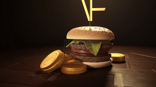 卡通商店背景图片_卡通风格的 3D 插图汉堡坐在硬币顶部，箭头指向上方，描绘了食品通胀的概念
