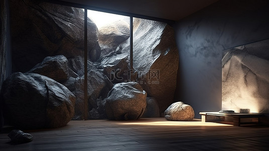 绿色风景背景背景图片_3d 渲染中聚光灯照亮的巨石房间的壮观内部
