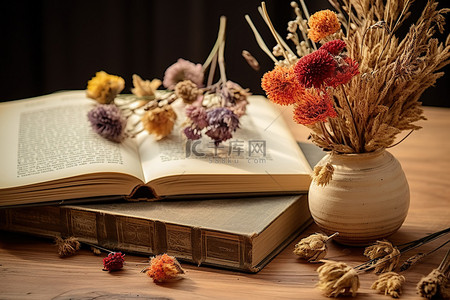 书架上的干花有一本书和一本书秋天