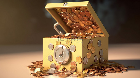 现金背景图片_3D概念打开保险箱的插图，里面装满了钞票和硬币，象征着省钱