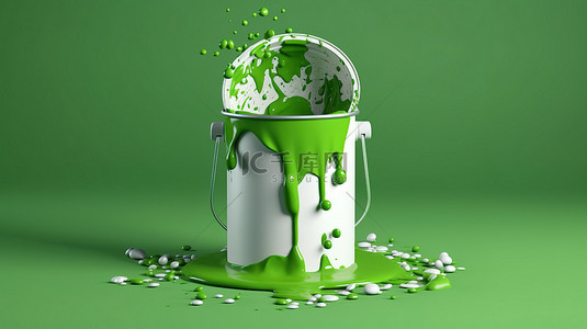 绿色油漆从 3D 绿色背景模型上的开放桶中倾倒