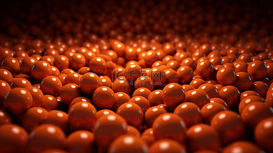 由各种尺寸的橙色球体组成的 3D 渲染背景的透视图