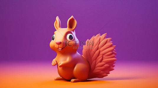 紫色游乐场环境，配有 3D 渲染的玩具松鼠，呈俏皮的橙色色调