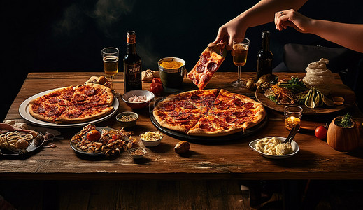 泰国饮料背景图片_派对照片：四人坐在一张质朴的餐桌旁，享用披萨和饮料