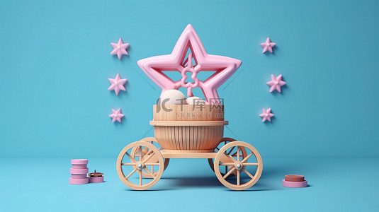 粉色和蓝色复古星形背景的 3D 渲染，配有木制亚洲街头食品面条车，​​配有肉丸菜肴和座位安排