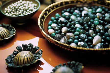 有有有背景图片_一张桌子，上面有不同类型的贝壳和珠子