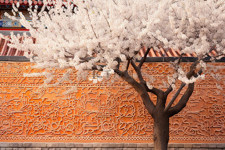 瓷砖墙附近的一棵白色开花的树