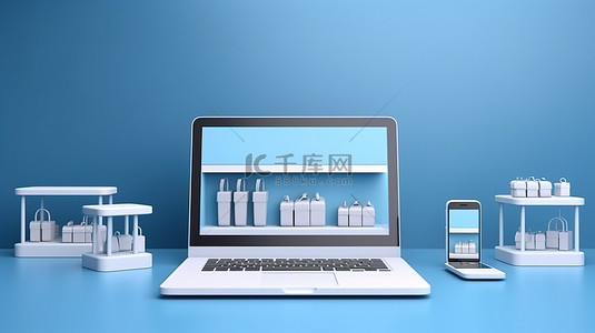 电子商务工作区模型设计与计算机笔记本电脑平板电脑和智能手机显示在蓝色背景 3D 渲染