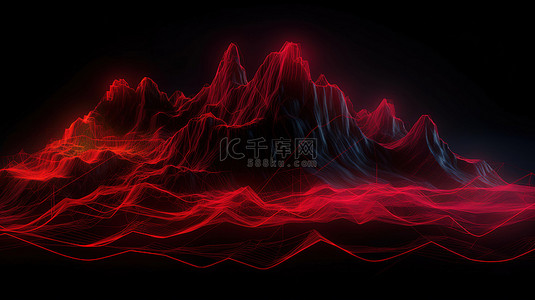 霓虹灯线框和 3d 红光轨迹照亮的壮丽山景