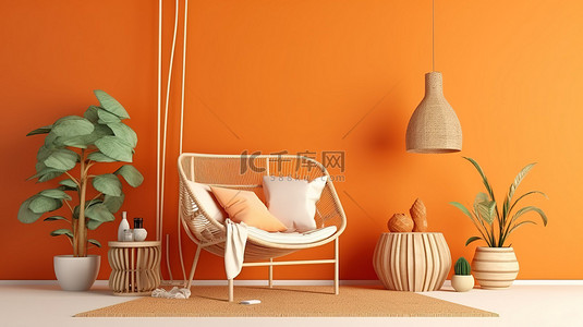 墙室内背景图片_波西米亚沿海度假胜地 3D 渲染舒适的室内装饰，配有橙色墙壁和椅子