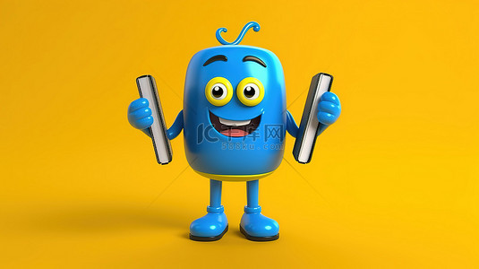 黄色背景上的蓝色健身追踪器，配有带有蓝书 3D 渲染的吉祥物