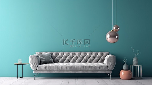 蓝打印背景图片_蓝墙上的现代风格样机海报与沙发 3D 渲染