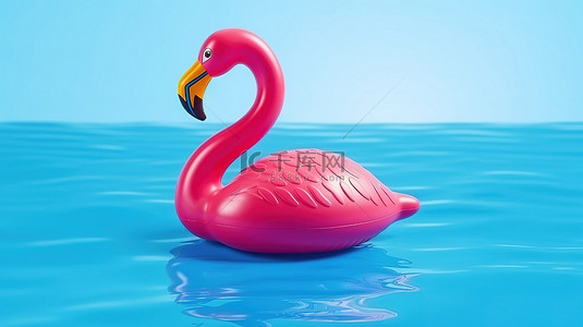 充满活力的粉色充气火烈鸟泳池玩具漂浮在美丽的蓝色背景 3d 渲染上