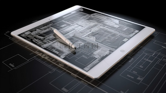 平板电脑和建筑模型在完成设计和线框的 3d 渲染组合中