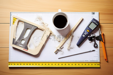 尺子尺子背景图片_木桌上有两把尺子剪刀铅笔卷尺和一杯咖啡