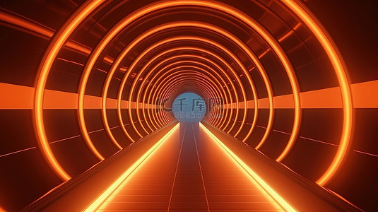 复古黑背景背景图片_带有橙色发光霓虹灯隧道的复古未来背景的 3D 渲染