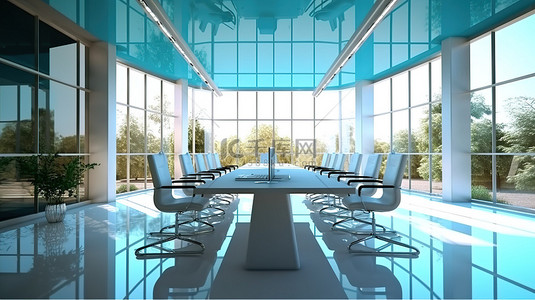 办公室现代风格背景图片_宽敞的 3D 室内设计 现代风格的会议室，配有开阔的窗户