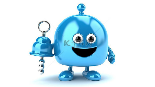 3D 渲染的人物吉祥物在白色背景上拿着酒店服务铃，以蓝皮书为主题