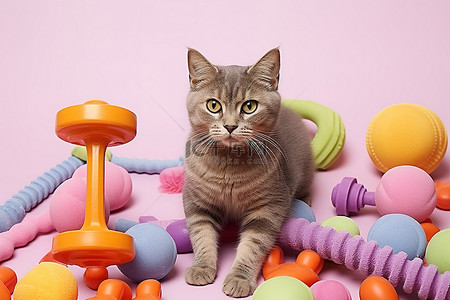 阿尼亚惊讶背景图片_一只灰猫坐在粉色垫子上，上面放着彩色玩具