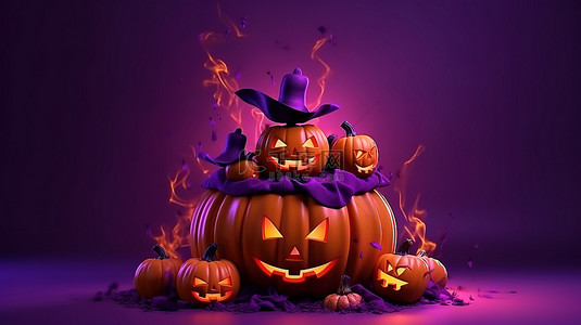 不快乐的背景图片_传统的十月庆典杰克奥灯笼女巫的大锅和鬼魂在怪异的紫色背景万圣节快乐