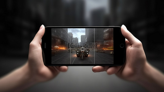 水平握住黑色智能手机的手的游戏风格概念 3D 渲染
