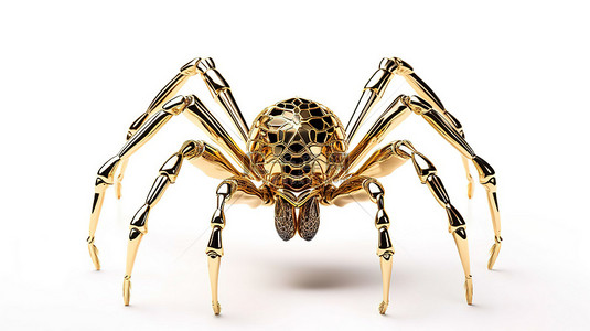 白色蜘蛛网背景图片_白色背景上孤立的装饰性金蜘蛛的 3D 渲染