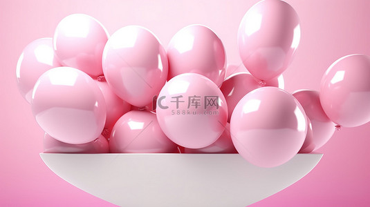 彩球生日背景图片_闪闪发光的粉红色气球与圆形白色横幅 3D 渲染艺术品一起翱翔