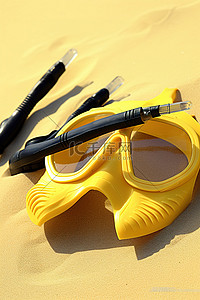 浮潜背景图片_沙滩上的一组黄色浮潜装备