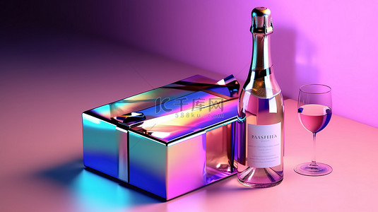 全息渐变礼品盒，配有香槟瓶和玻璃，充满活力的 3D 渲染